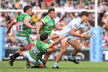 Exeter Chiefs 'ten Zack Wimbush Leicester Tigers' ın Leicester Tigers 'a karşı Exeter Chiefs maçında Leiceoli Woods Welford Road, Leicester, Birleşik Krallık' ta 18 Mayıs 2024 'te Kieran Wilkinson' a yenildi.