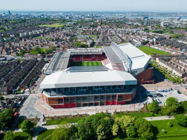Anfield, Liverpool 'un Anfield, Liverpool' da 19 Mayıs 2024 'te oynanan Premier League maçı öncesinde Wolverhampton Wanderers' a genel bir bakış. 
