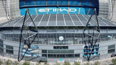 An aerial view of the Etihad Stadium ahead of the Premier League match Manchester City vs West Ham United at Etihad Stadium, Manchester, United Kingdom, 19th May 2024 