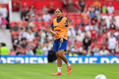Jess Carter of Chelsea Women warms up ahead of the match, during the The FA Women's Super League match Manchester United Women vs Chelsea FC Women at Old Trafford, Manchester, United Kingdom, 18th May 2024 
