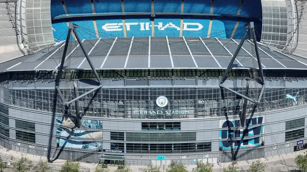 An aerial view of the Etihad Stadium ahead of the Premier League match Manchester City vs West Ham United at Etihad Stadium, Manchester, United Kingdom, 19th May 2024 