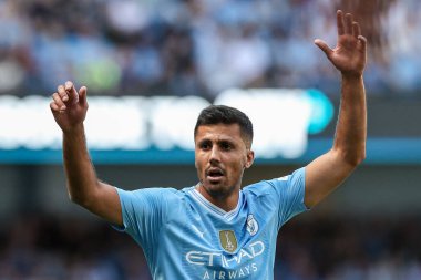 Manchester City 'den Rodrigo, 19 Mayıs 2024' te Etihad Stadyumu 'nda oynanan Premier League maçında Manchester City, West Ham United' a karşı jest ve tepkiler verdi. 
