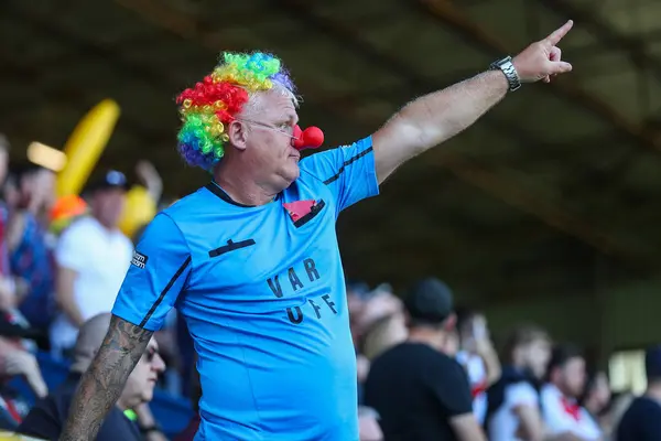 Stock image A Nottingham Forest fan with a t-shirt protesting VAR during the Premier League match Burnley vs Nottingham Forest at Turf Moor, Burnley, United Kingdom, 19th May 2024