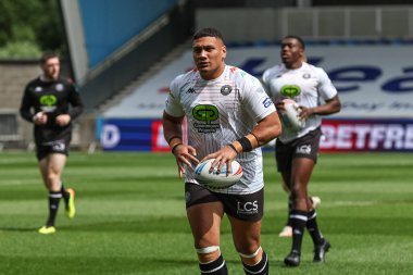 Wigan Warriors takımından Patrick Mago, Betfred Süper Lig 12. raundunda Salford Red Devils Wigan Warriors 'a karşı Salford Community Stadyumu, Eccles, Birleşik Krallık' ta 26 Mayıs 2024 'te oynanan karşılaşmada ısındı. 