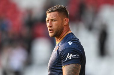 Katalan Ejderhaları takımından Tariq Sims, 31 Mayıs 2024 'te oynanan Wicked Stadyumu' nda oynanan Betfred Süper Lig 13. Raundu öncesi ısınma maçında St. Helens - Catalans Dragons maçında