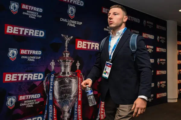 stock image George Williams of Warrington Wolves arrives ahead of the Betfred Challenge Cup Final match Warrington Wolves vs Wigan Warriors at Wembley Stadium, London, United Kingdom, 8th June 2024 