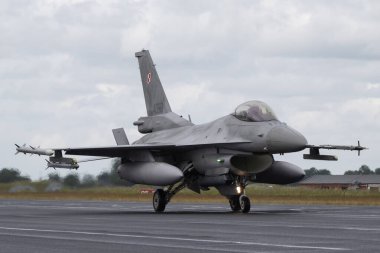 General Dynamics F-16 6 Eskadra Lotnicza 'nın Savaşan Şahini Polonya Hava Kuvvetleri taksileri, NATO Kaplan Buluşma Günü 2, AB, Jagel, Almanya' nın kuzeyinde, 10 Haziran 2024