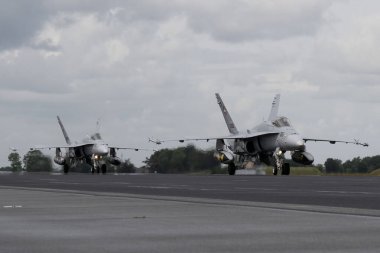 Schweizer Luftwaffe İsviçre Hava Kuvvetleri 'nden iki McDonnell Douglas F / A-18 Hornet NATO Tiger Meet Spotters Günü' nde 10 Haziran 2024 'te Schleswig AB, Jagel, Almanya' da