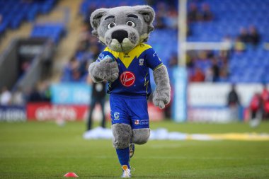 Warrington Wolves maskotu Wolfie 14. Betfred Süper Lig karşılaşması öncesinde Warrington Wolves, Salford Red Devils 'e karşı Halliwell Jones Stadyumu, Warrington, İngiltere, 14 Haziran 2024 