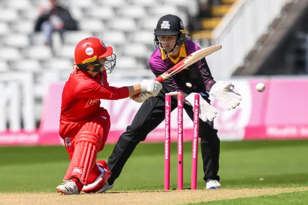 stock image Katie Mack of Lancashire Thunder is bowled by Charis Pavely of Central Sparks during the Charlotte Edwards Cup match Central Sparks vs Lancashire Thunder at Edgbaston, Birmingham, United Kingdom, 14th June 2024 