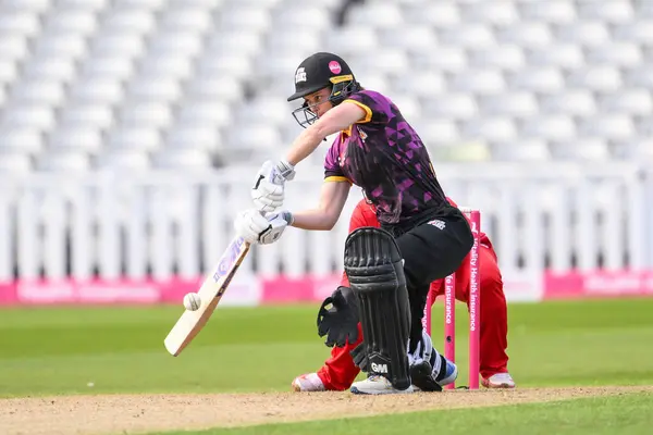 stock image Amy Jones of Central Sparks hits the winning runs during the Charlotte Edwards Cup match Central Sparks vs Lancashire Thunder at Edgbaston, Birmingham, United Kingdom, 14th June 2024 