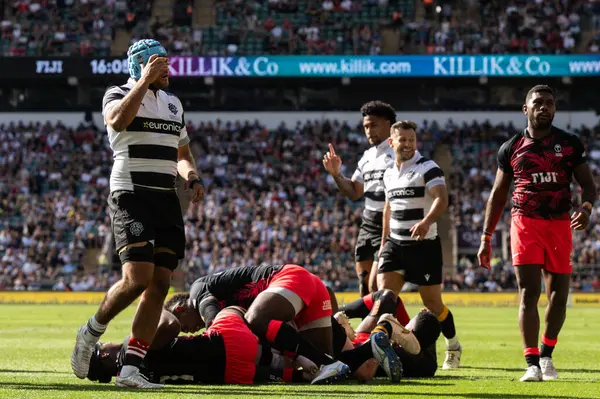 stock image Lachlan Boshier of Barbarians goes over for a try and makes the score 5-0 during the Killik Cup match Barbarians vs Fiji at Twickenham Stadium, Twickenham, United Kingdom, 22nd June 2024 
