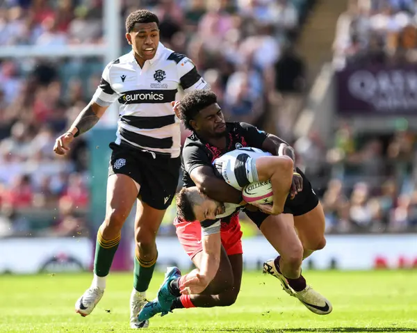 stock image Waisea Nayacalevu of Fiji tackles Jonny May of Barbarians during the Killik Cup match Barbarians vs Fiji at Twickenham Stadium, Twickenham, United Kingdom, 22nd June 2024 