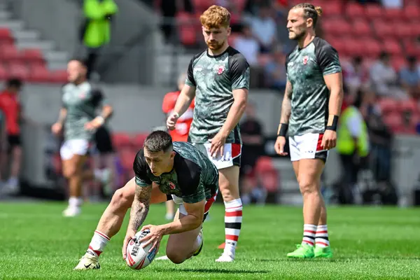 stock image Deon Cross of Salford Red Devils warms up ahead of the Betfred Super League Round 15 match Salford Red Devils vs St Helens at Salford Community Stadium, Eccles, United Kingdom, 23rd June 2024 