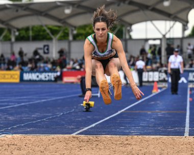 Elcock bayanlar üçlü atlama finalinde Microplus UK Atletizm Şampiyonası 'nda birinci gün Manchester Regional Arena, Manchester, Birleşik Krallık, 29 Haziran 2024.