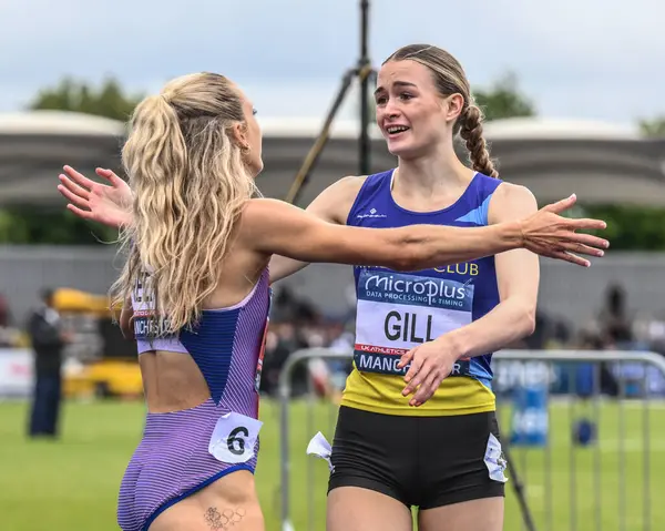 stock image Phoebe Gill celebrates winning the 800m during the Microplus UK Athletics Championships Day 2 at Manchester Regional Arena, Manchester, United Kingdom, 30th June 2024 