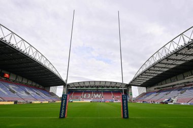 DW Stadyumu 'nun 16. Betfred Süper Lig karşılaşması öncesinde Wigan Warriors, Wigan, Leopards' a karşı 5 Temmuz 2024 'te Wigan Stadyumu' nda genel bir görüntüsü var. 