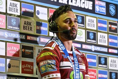 Player of the Match Bevan French of Wigan Warriors speaks with Sky Sports at full time during the Betfred Super League Round 16 match Wigan Warriors vs Leigh Leopards at DW Stadium, Wigan, United Kingdom, 5th July 2024  clipart