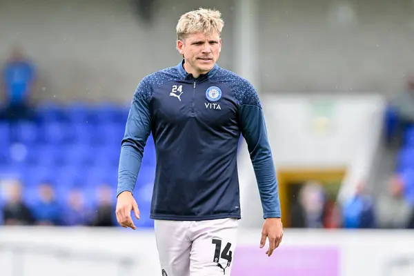 stock image Will Collar of Stockport County warms up ahead of the Pre-season friendly match Chester vs Stockport County at Deva Stadium, Chester, United Kingdom, 6th July 2024 