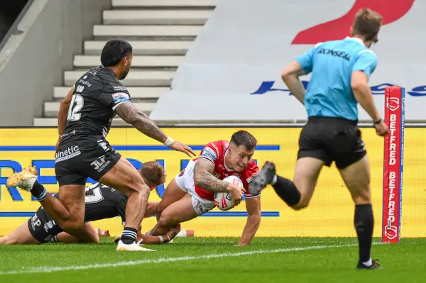 stock image Deon Cross of Salford Red Devils goes over for a try during the Betfred Super League Round 16 match Salford Red Devils vs Hull FC at Salford Community Stadium, Eccles, United Kingdom, 7th July 2024 