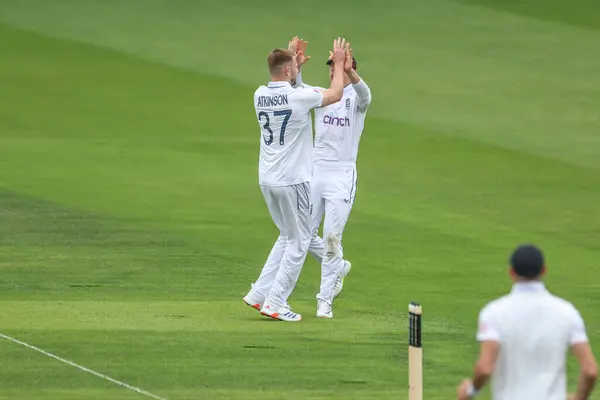 stock image Gus Atkinson of England celebrates the wicket of Jason Holder of West Indies during the 1st Rothesay Test Match day 1 England v West Indies at Lords, London, United Kingdom, 10th July 2024 