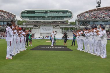 İngiltere 'den James Anderson, 12 Temmuz 2024' te Londra Lords, İngiltere 'de yapılan Rothesay Birinci Sınav Maçı' nda İngiltere 'nin Batı Hint Adaları' na karşı oynadığı son uluslararası test maçında bir onur kıtası aldı. 