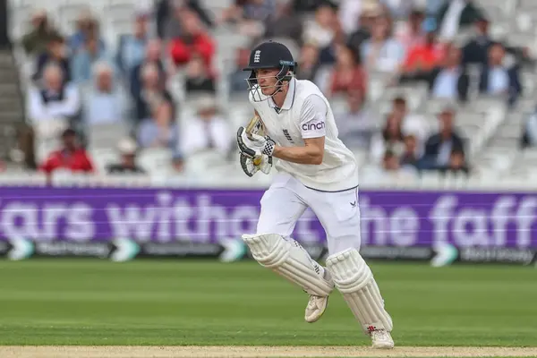 stock image Harry Brook of England makes two runs during the 1st Rothesay Test Match day 1 England v West Indies at Lords, London, United Kingdom, 10th July 2024 