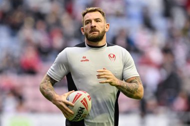 St. Helens 'ten Curtis Sironen, İngiltere' nin Wigan şehrinde 12 Temmuz 2024 'te oynanan Wigan Warriors-St Helens maçında Betfred Süper Lig Turu öncesinde ısınıyor. 