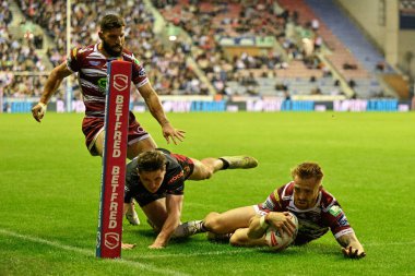 Wigan Warriors takımından Adam Keighran, Wigan Stadyumu, Wigan, İngiltere 'de 12 Temmuz 2024' te oynanan 17. 
