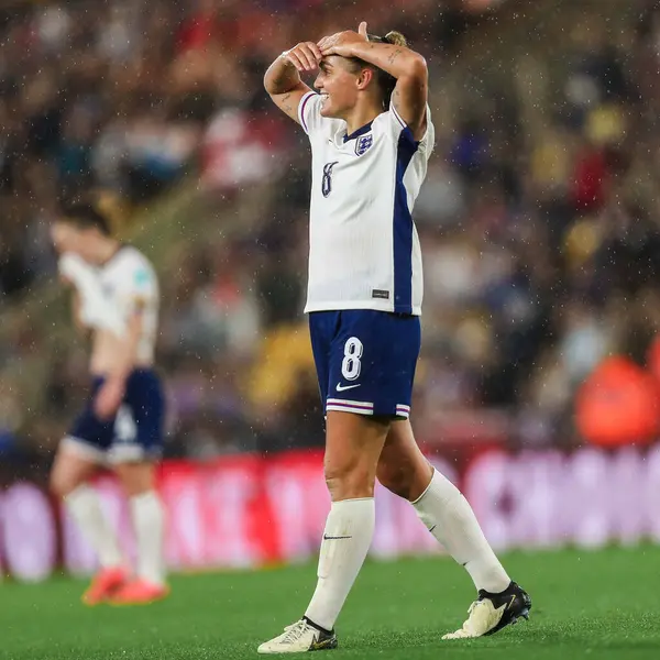 stock image Georgia Stanway of England reacts after a missed chance during the UEFA Women's Championship Qualifiers - Group 3 match England Women vs Ireland Women at Carrow Road, Norwich, United Kingdom, 12th July 2024 