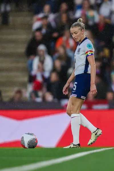 stock image Leah Williamson of England in action during the UEFA Women's Championship Qualifiers - Group 3 match England Women vs Ireland Women at Carrow Road, Norwich, United Kingdom, 12th July 2024 