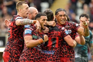 Leigh Leoparları 'ndan Kai Odonnell, 13 Temmuz 2024' te Leigh Spor Köyü Leigh, İngiltere 'de oynanan 17. Leigh Leopards - Huddersfield Giants maçında 12-10 Leigh Leoparları' na karşı oynadığı maçı kutluyor. 