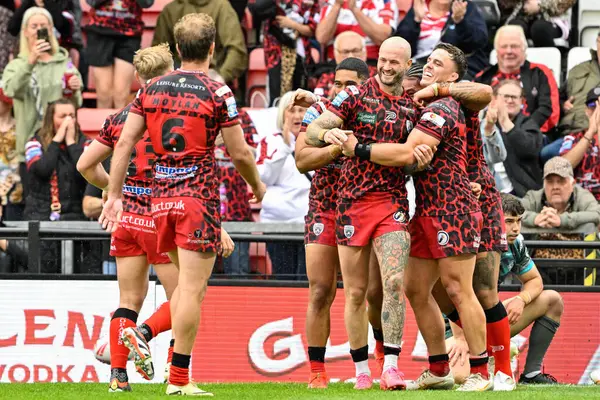 stock image Zak Hardaker of Leigh Leopards celebrates his try to make it 18-12 Leigh Leopards during the Betfred Super League Round 17 match Leigh Leopards vs Huddersfield Giants at Leigh Sports Village, Leigh, United Kingdom, 13th July 2024 