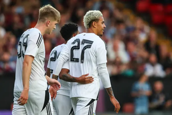 Stock image Morgan Rogers of Aston Villa celebrates his goal to make it 0-2 during the Pre-season friendly match Walsall vs Aston Villa at Bescot Stadium, Walsall, United Kingdom, 17th July 2024 