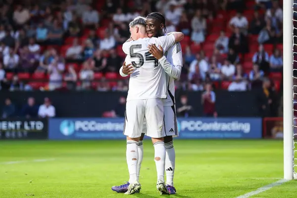 stock image Louie Barry of Aston Villa celebrates his goal to make it 0-3 during the Pre-season friendly match Walsall vs Aston Villa at Bescot Stadium, Walsall, United Kingdom, 17th July 2024 