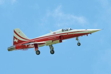 Royal International Air Tattoo 2024 'teki RAF Fairford, Cirencester, İngiltere' de Geliş Günü sırasında İsviçre Hava Kuvvetleri Patrouille Suisse 'den Northrop F-5E Tiger II, 18 Temmuz 2024