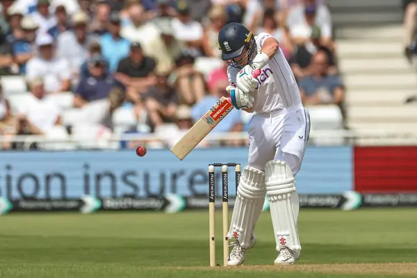 stock image Ollie Pope of England hits the ball for two runs during the 2nd Rothesay Test Match match England vs West Indies at Trent Bridge, Nottingham, United Kingdom, 18th July 2024 