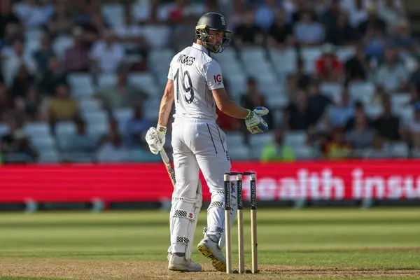 stock image Chris Woakes of England looks back after he is caught out by Jason Holder of West Indies during the 2nd Rothesay Test Match match England vs West Indies at Trent Bridge, Nottingham, United Kingdom, 18th July 2024 