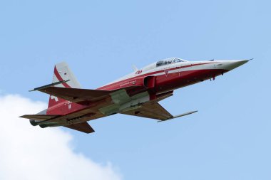 Royal International Air Tattoo 2024 'teki RAF Fairford, Cirencester, İngiltere' de Geliş Günü sırasında İsviçre Hava Kuvvetleri Patrouille Suisse 'den Northrop F-5E Tiger II, 18 Temmuz 2024