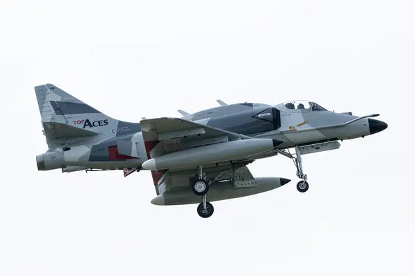 stock image Douglas A-4N Skyhawk of Top Aces arrives during The Royal International Air Tattoo 2024 Arrivals Day at RAF Fairford, Cirencester, United Kingdom, 18th July 2024