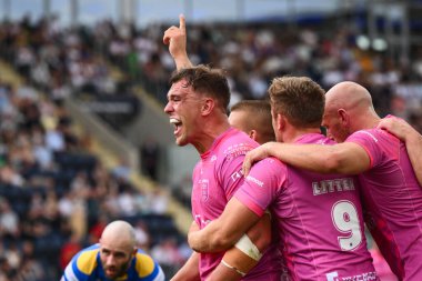 Jai Whitbread of Hull KR celebrates his try by during the Betfred Super League Round 18 match Leeds Rhinos vs Hull KR at Headingley Stadium, Leeds, United Kingdom, 20th July 2024 clipart