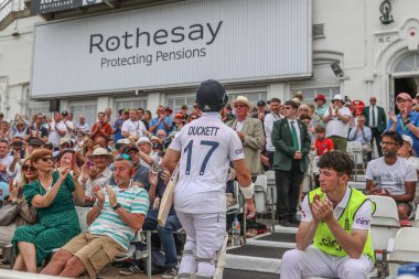 Ben Duckett of England leaves the field of play after being bowled out by Alzarri Joseph of West Indies during the Rothesay Test Match day three England vs West Indies at Trent Bridge, Nottingham, United Kingdom, 20th July 2024 clipart