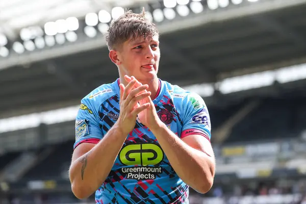 stock image Sam Walters of Wigan Warriors applauds the travelling fans after the Betfred Super League match Hull FC vs Wigan Warriors at MKM Stadium, Hull, United Kingdom, 20th July 2024