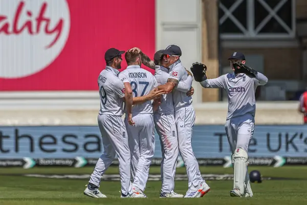 stock image Gus Atkinson of England celebrates the wicket of Kraigg Brathwaite of West Indies during the 2nd Rothesay Test Match day two England v West Indies at Trent Bridge, Nottingham, United Kingdom, 19th July 2024