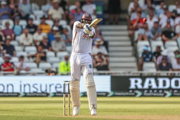 stock image Jason Holder of West Indies hits the ball for four runs during the 2nd Rothesay Test Match day two England v West Indies at Trent Bridge, Nottingham, United Kingdom, 19th July 2024