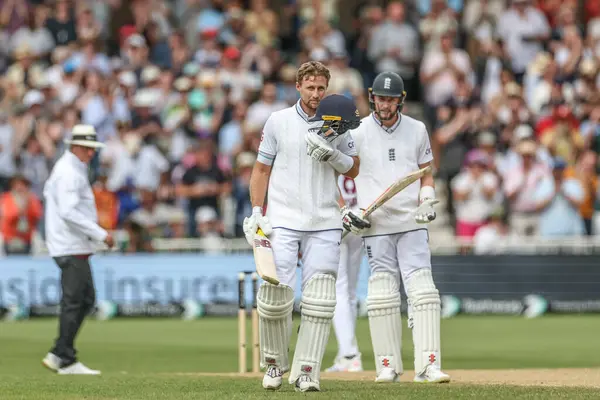 stock image Joe Root of England celebrates a century (100 runs) during the Rothesay Test Match day four match England vs West Indies at Trent Bridge, Nottingham, United Kingdom, 21st July 2024