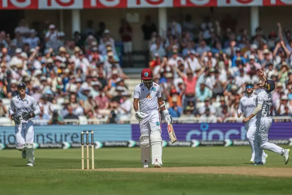 stock image A dejected Kraigg Brathwaite of West Indies walks away from the wickets after he is caught out by Ollie Pope of England during the 2nd Rothesay Test Match day two England v West Indies at Trent Bridge, Nottingham, United Kingdom, 19th July 2024