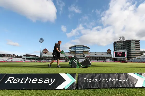 stock image Ground staff cutting the outfield grass ahead the Rothesay Test Match day four match England vs West Indies at Trent Bridge, Nottingham, United Kingdom, 21st July 2024