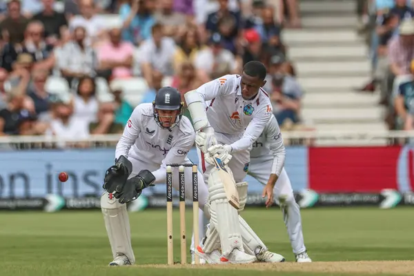 Stock image Shamar Joseph of West Indies hits the ball for two runs during the Rothesay Test Match day three England vs West Indies at Trent Bridge, Nottingham, United Kingdom, 20th July 2024