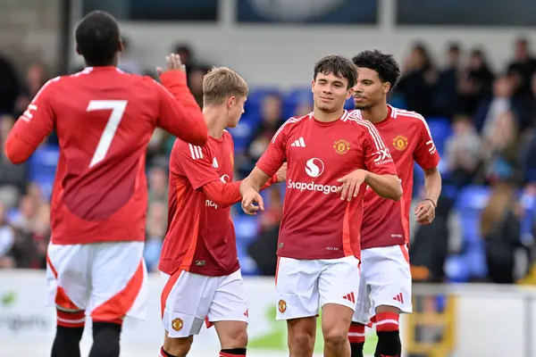 stock image Gabriele Biancheri of Manchester United celebrates his to goal to make it 0-1 Manchester United during the Pre-season friendly match Chester vs Manchester United at Deva Stadium, Chester, United Kingdom, 24th July 2024